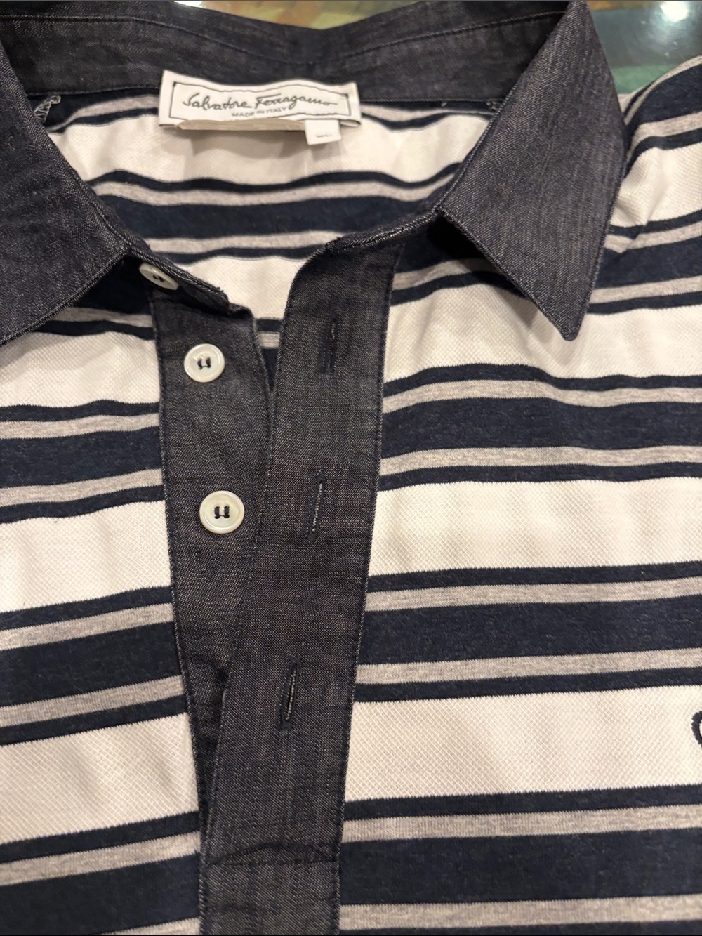 Salvatore Ferragamo Navy and White Striped Polo Shirt - Picture 6 of 6